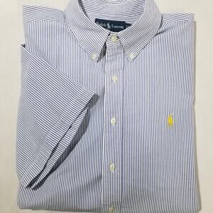 Ralph Lauren Shirt Mens 2XL Blue White Striped Seersucker Short Sleeve Polo